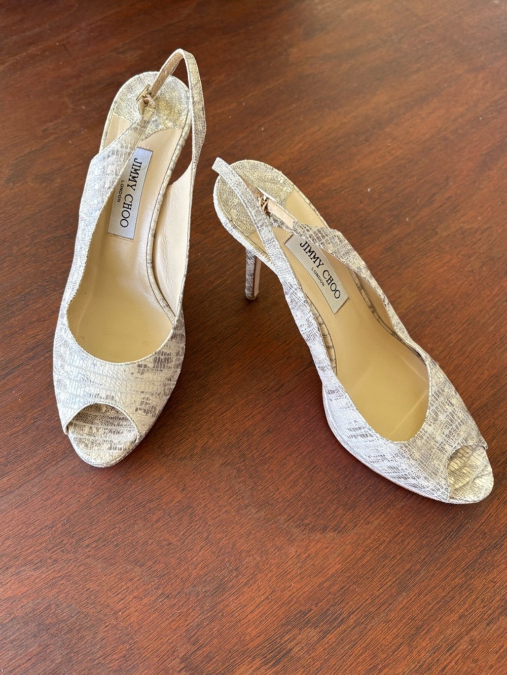 Jimmy Choo Peep Toe Slingback Heels Size 41 Snakeskin Embossed platform pumps